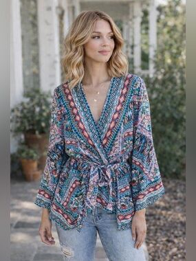 Anthropologie Tolani Multicolor Geometric Wrap Top